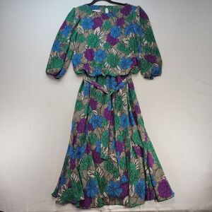 Amy-Deb Floral Midi Dress Womens 16 Multicolor Vintage 80s Belted 3/4 Sleeve